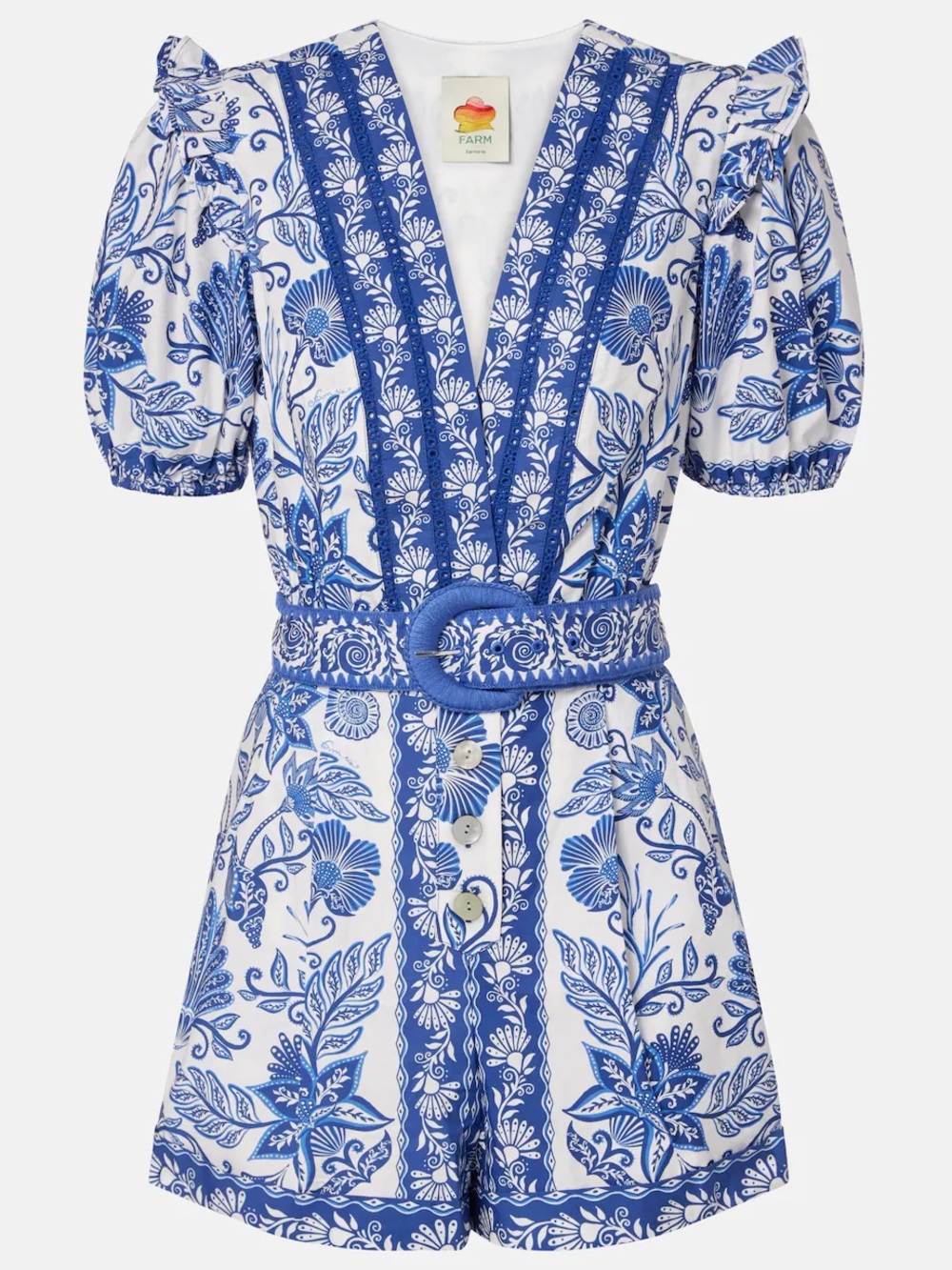 FARM Rio Shell Garden Off-White Blue Floral Organic Cotton Romper L NWT